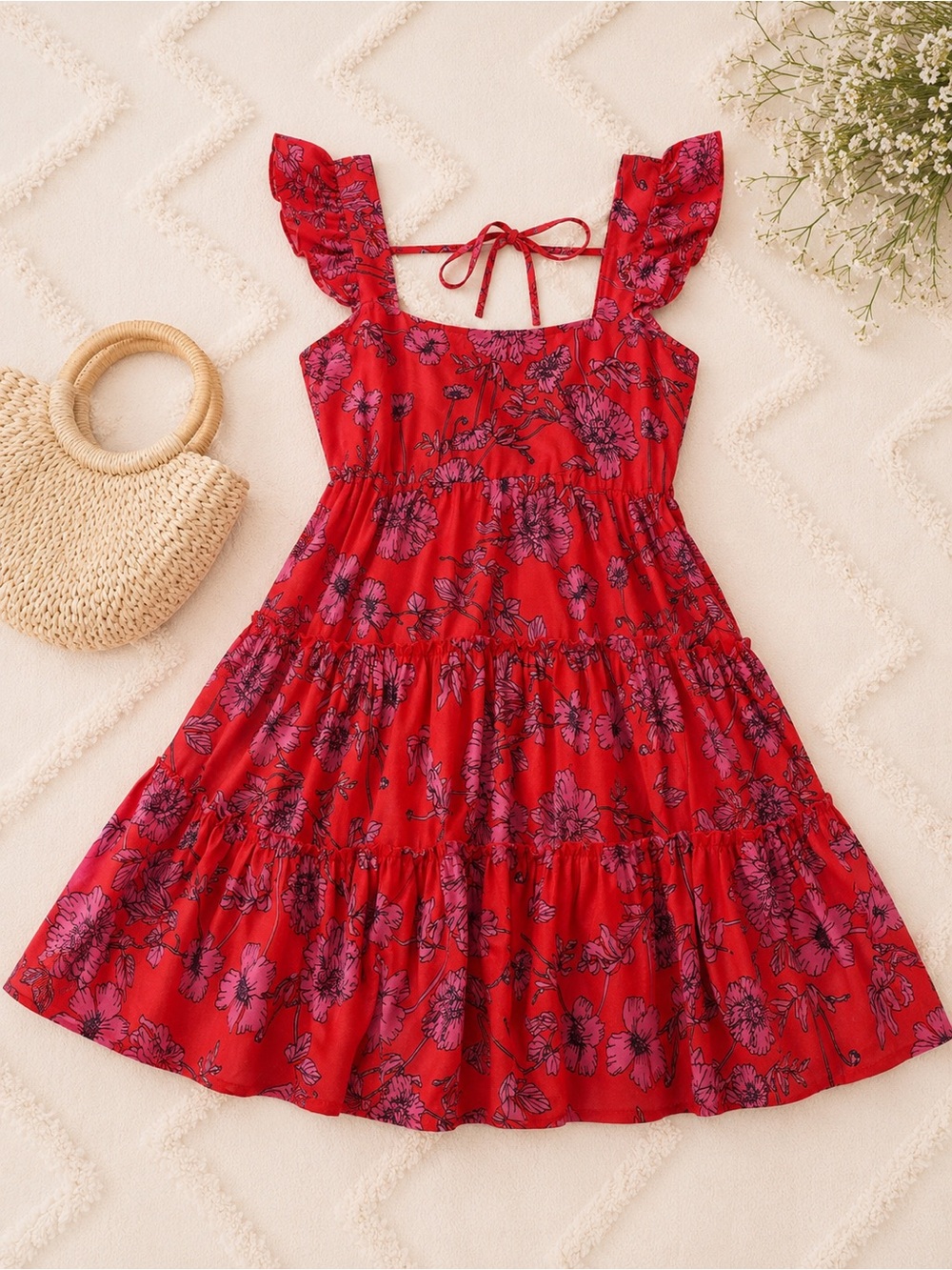 Red Floral Tie-Back Ruffle Sleeve Dress - Picture 1 of 1